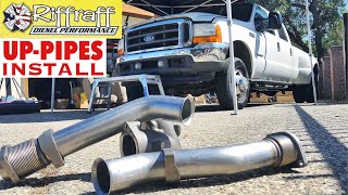 2001 F350 73  RiffRaff UpPipes Install  Stock up pipes leaking and falling apart JUNK SP [upl. by Kristien833]